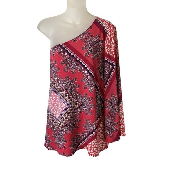 Chico's One Shoulder Blouse Slinky Stretchy Paisley Scarf Print Size 3 (XL) Pink - Picture 9 of 16